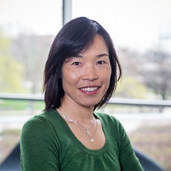 Professional headshot of Heekyoung Kim wearing a forest green scoop-neck top and a silver necklace. She is smiling in front of a window overlooking a blurred campus view.
