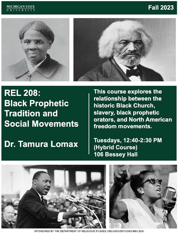 Graphic image of the poster for the REL 208: Black Prophetic Tradition and Social Movements class taught by Dr. Tamura Lomax. 