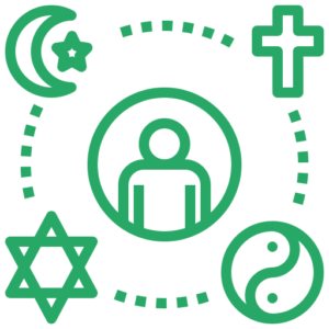 icon of a human figure surrounded by different religious symbols.
